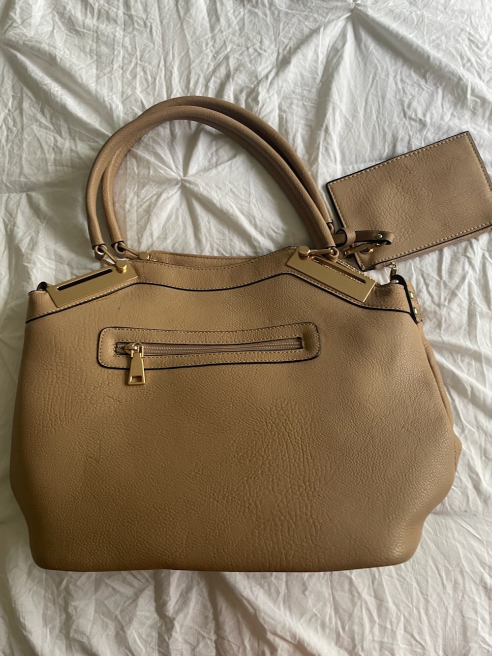 Black Rivet Tan Shoulder Satchel with Gold Accents